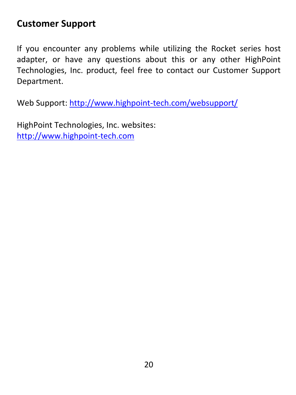 Customer support | HighPoint RocketCache 3244X8 User Manual | Page 20 / 21