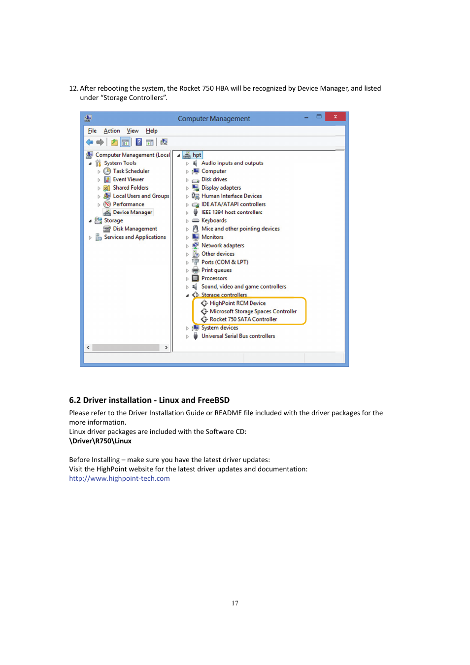 Driver installation - linux and freebsd, 2 driver installation -linux and freebsd | HighPoint Rocket 750 User Manual | Page 17 / 34