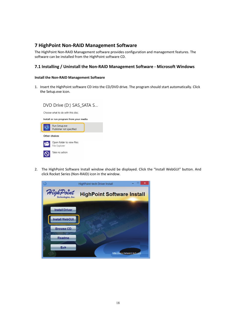 Highpoint non-raid management software, 7 highpoint web non-raid management software, Ighpoint n | Non-raid, Managem, Ment softw, Ware | HighPoint Rocket 750 User Manual | Page 18 / 34