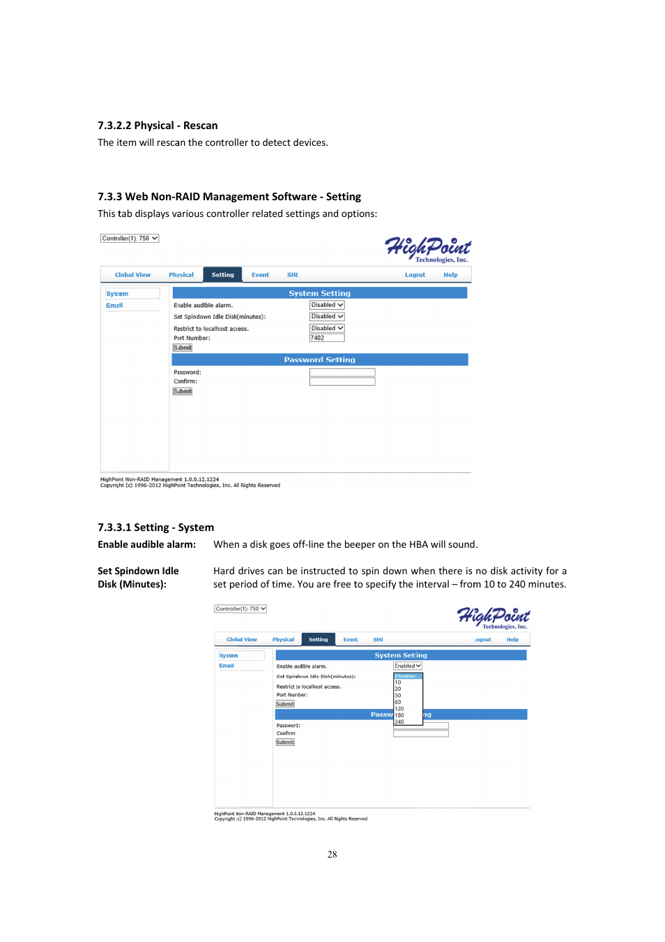 Physical - rescan, Web non-raid management software - setting, Setting - system | 3 web non-raid management software - setting | HighPoint Rocket 750 User Manual | Page 28 / 34