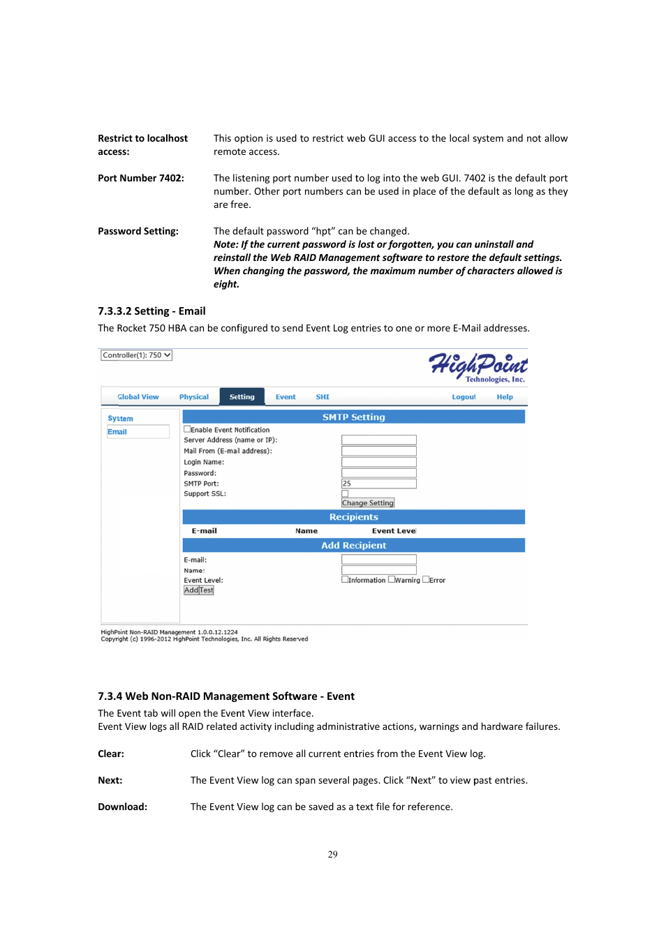 Setting - email, Web non-raid management software - event, 4 web non-raid management software - event | HighPoint Rocket 750 User Manual | Page 29 / 34