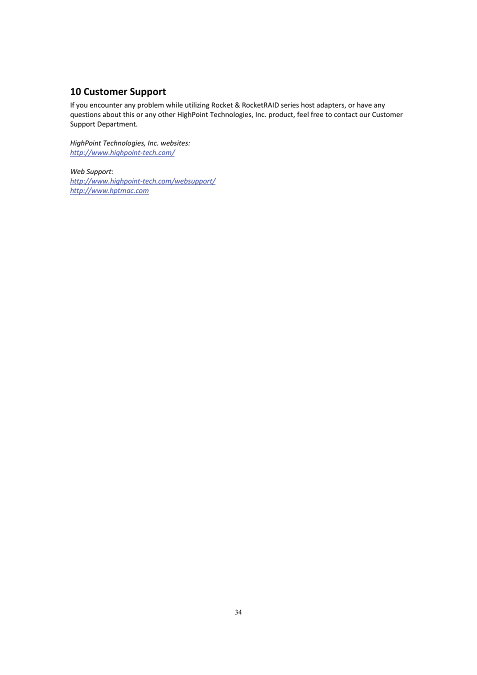 Customer support, 10 customer support | HighPoint Rocket 750 User Manual | Page 34 / 34