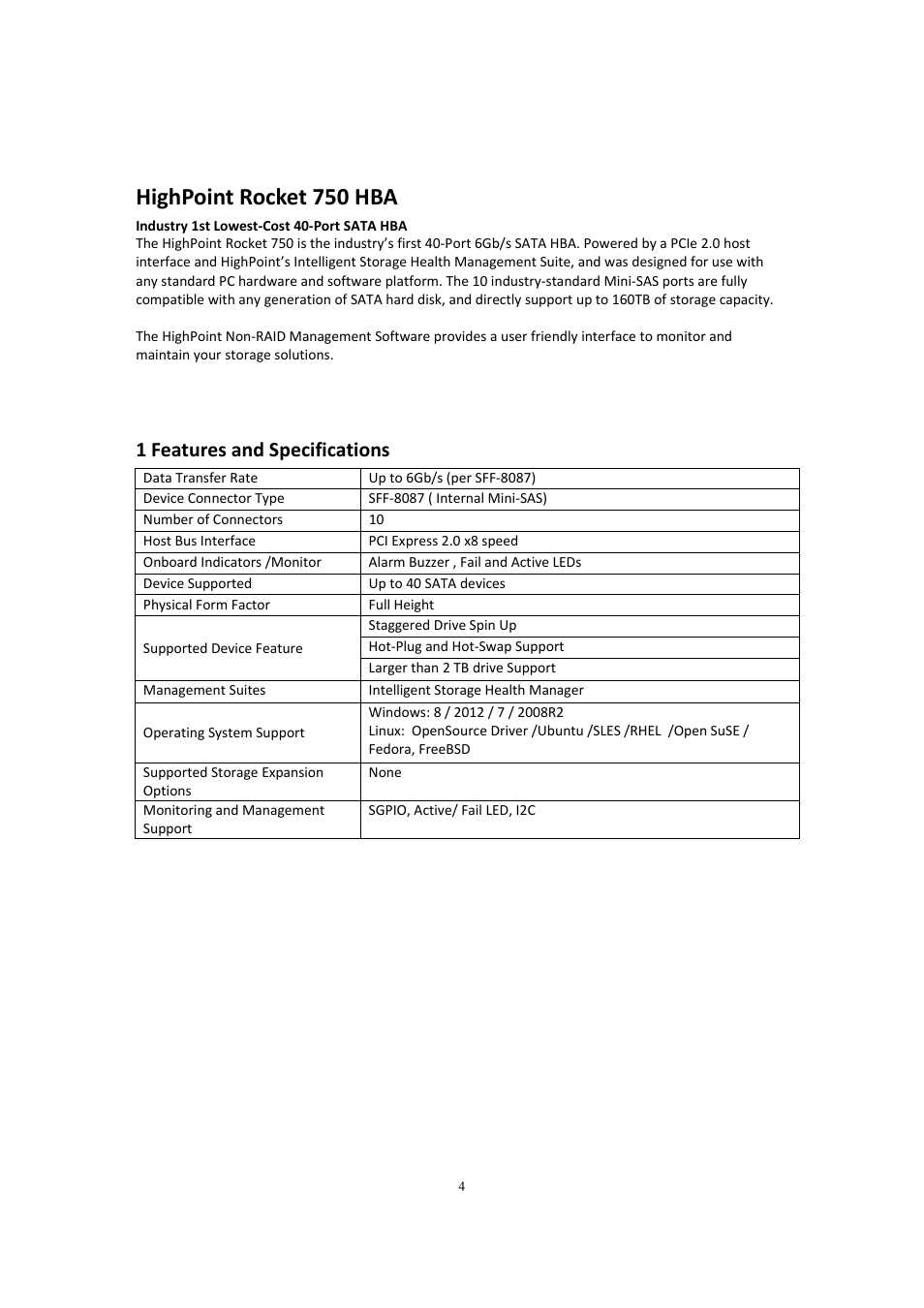 Features and specifications, 1 features and specifications, Highpoint rocket 750 hba | HighPoint Rocket 750 User Manual | Page 4 / 34