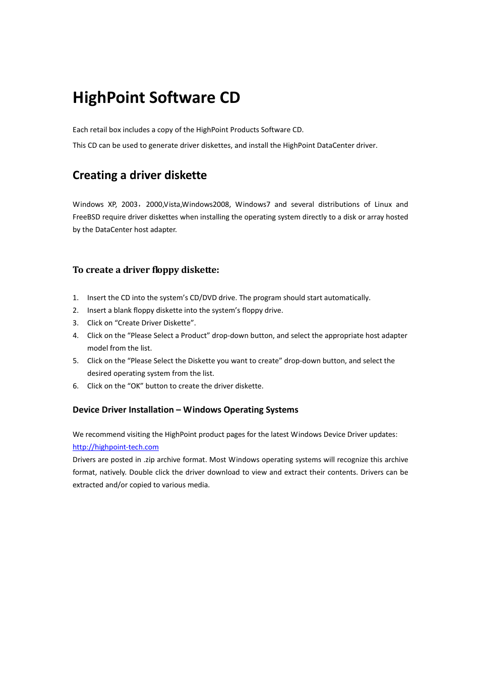 Highpoint software cd, Creating a driver diskette | HighPoint Data Center 7280 User Manual | Page 10 / 14