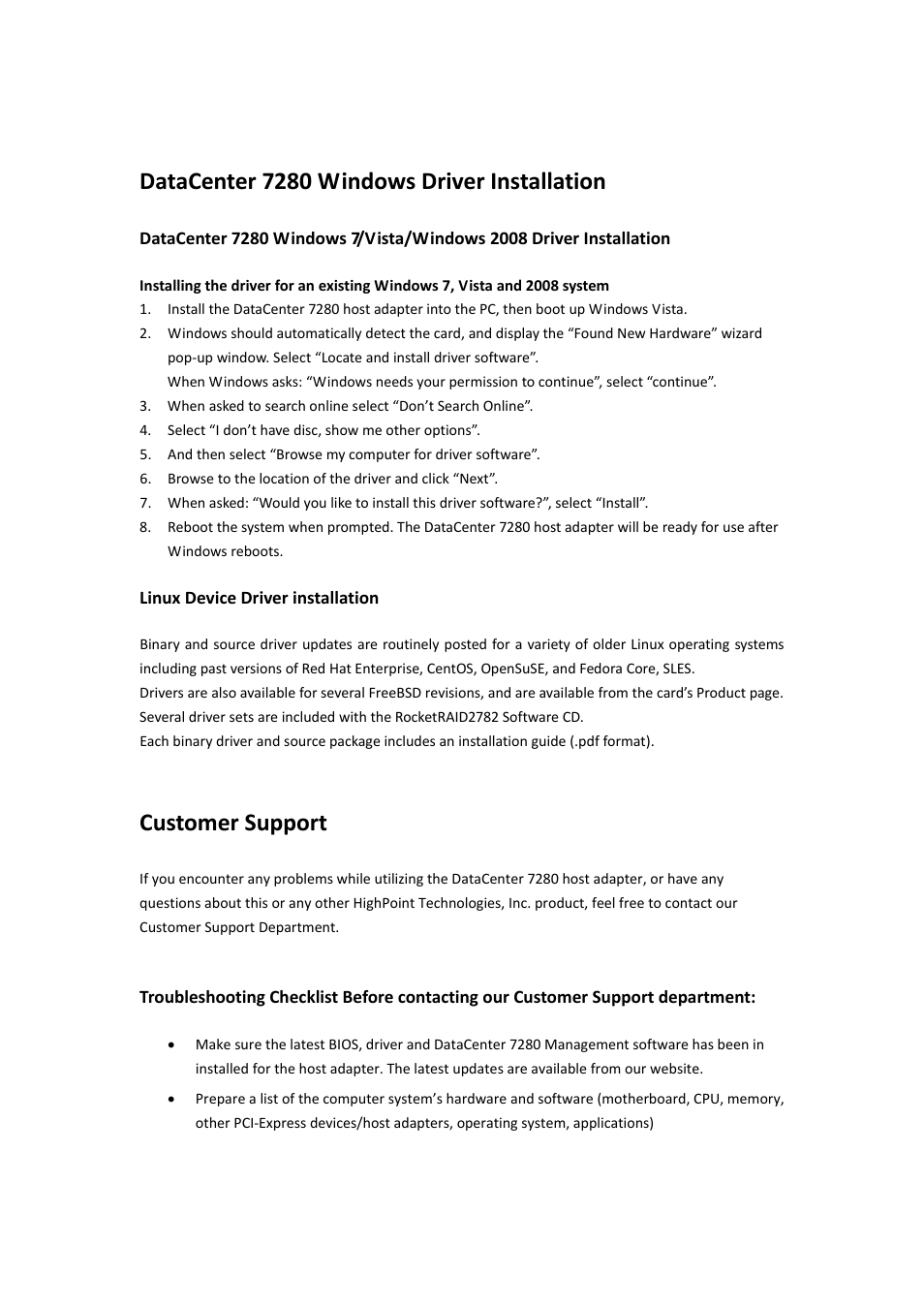 Datacenter 7280 windows driver installation, Customer support | HighPoint Data Center 7280 User Manual | Page 11 / 14