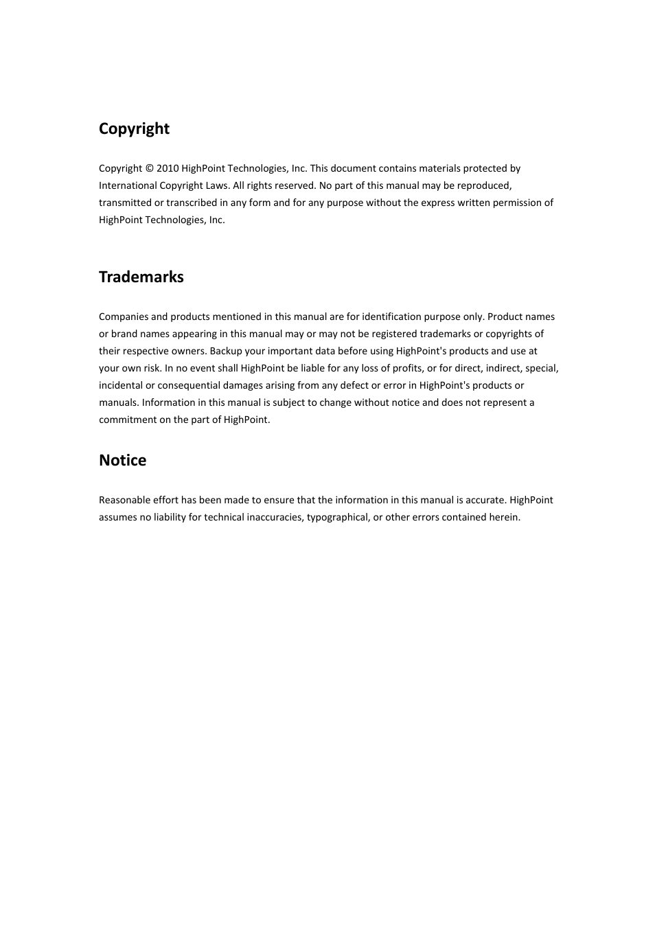Copyright, Trademarks, Notice | HighPoint Data Center 7280 User Manual | Page 3 / 14