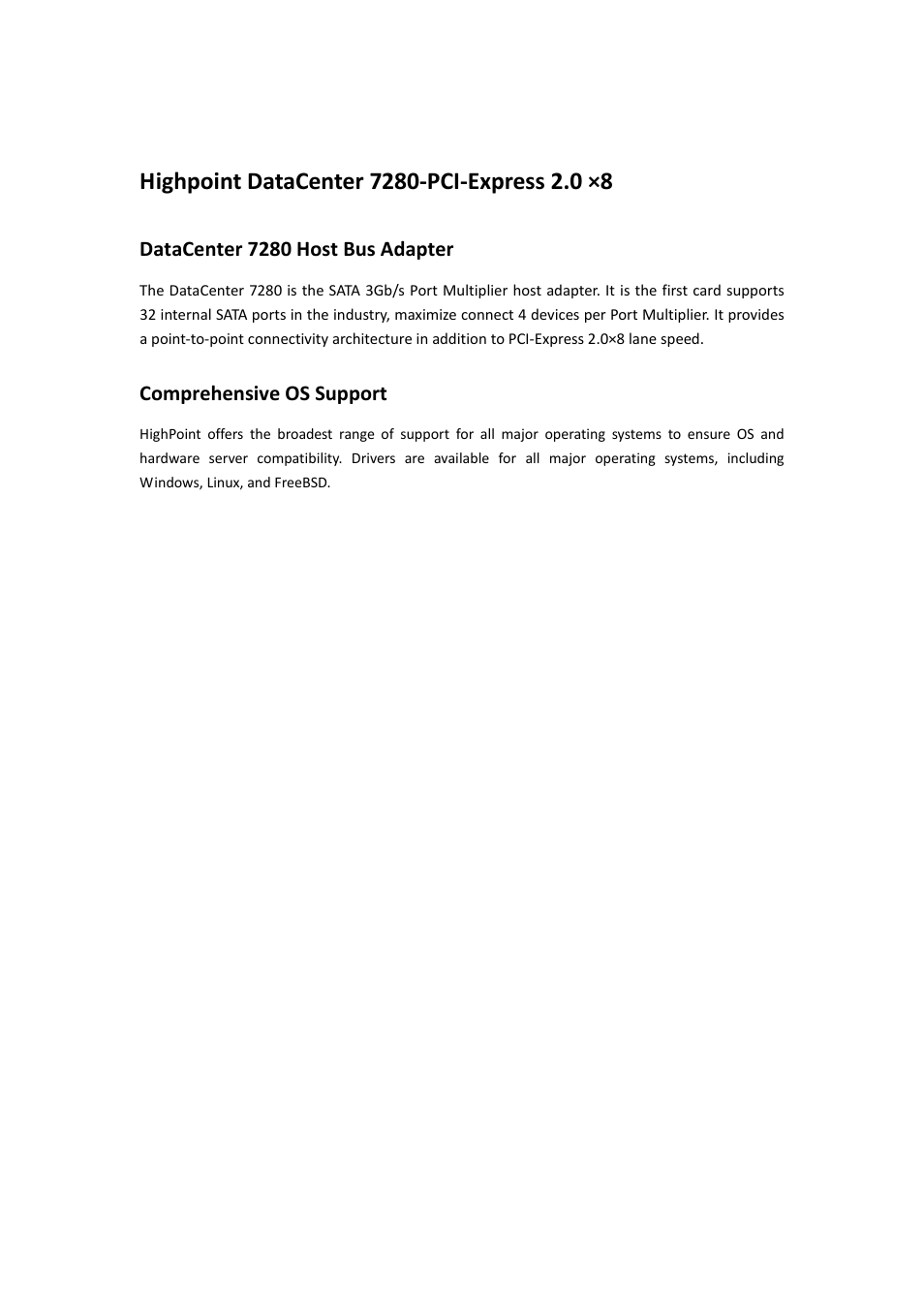 Datacenter 7280 host bus adapter, Comprehensive os support | HighPoint Data Center 7280 User Manual | Page 5 / 14