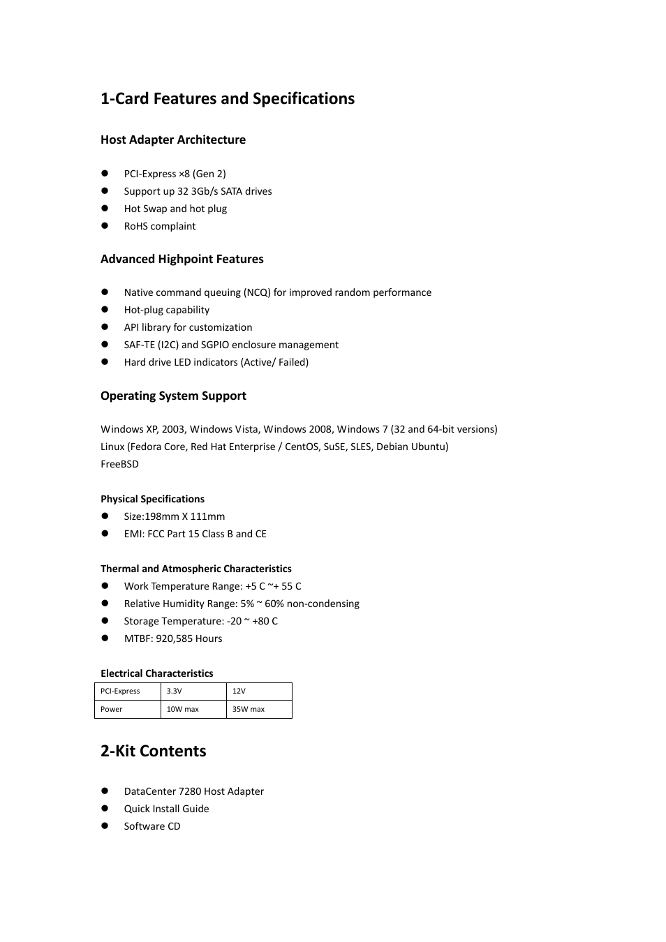 1‐card features and specifications, 2‐kit contents | HighPoint Data Center 7280 User Manual | Page 6 / 14