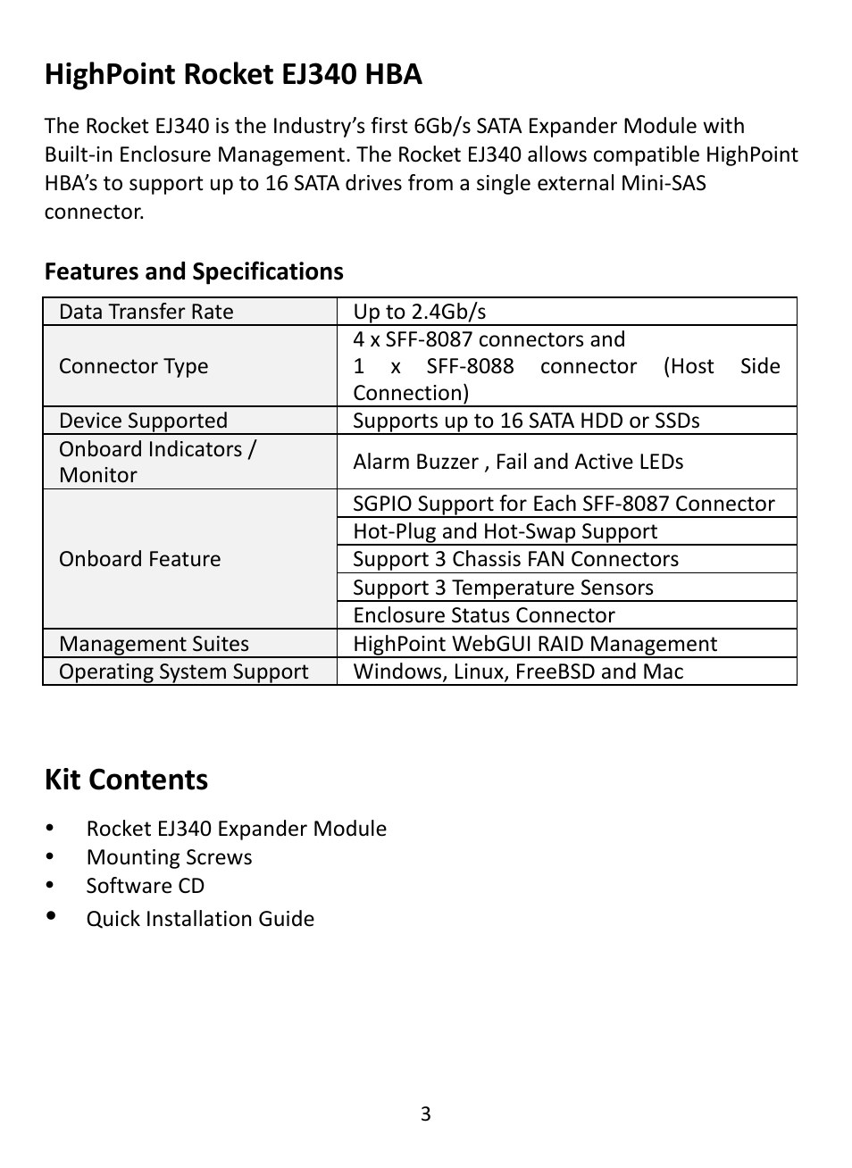 Highpoint rocket ej340 hba, Kit contents | HighPoint EJ 340 User Manual | Page 3 / 8