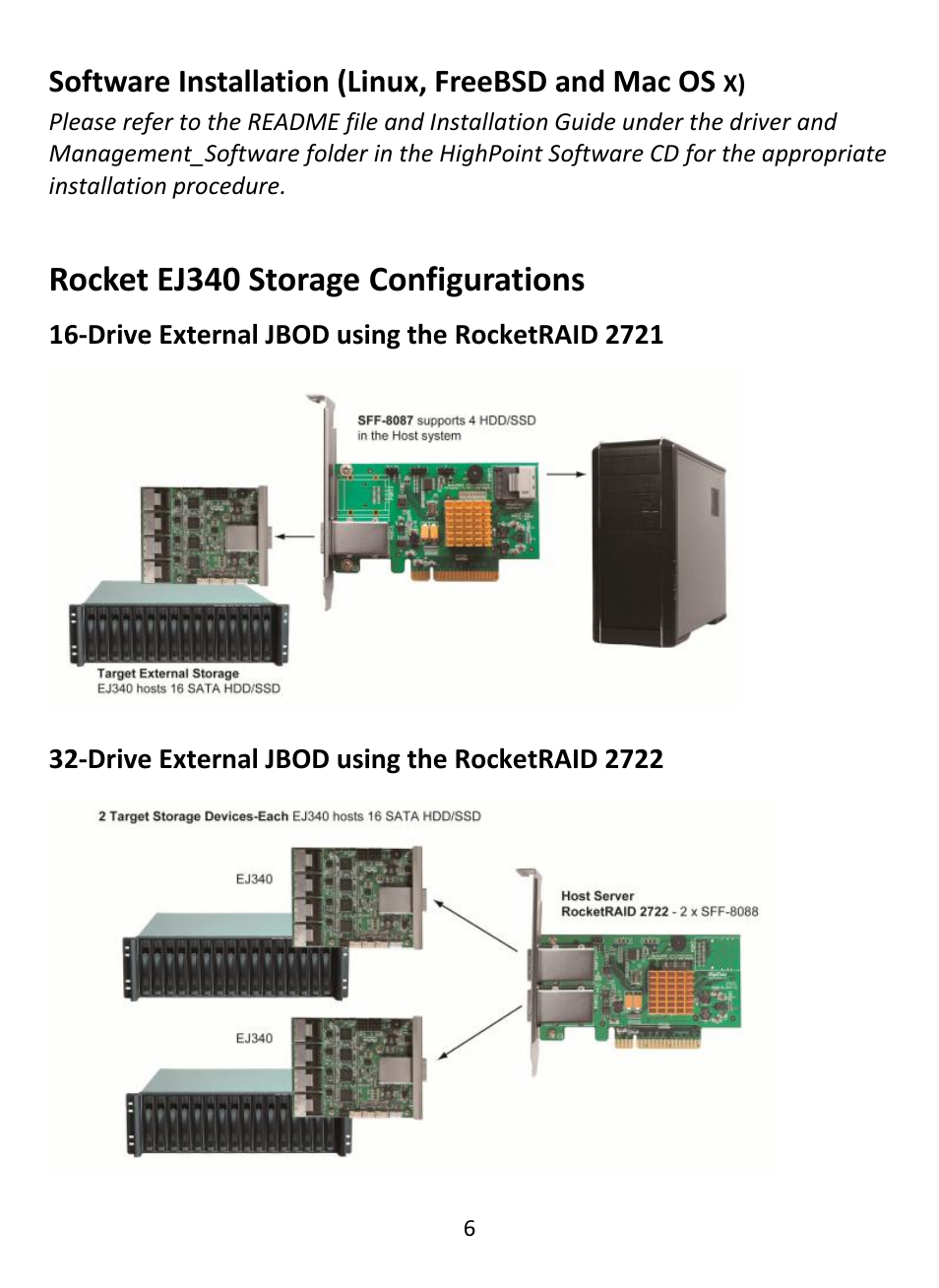 Rocket ej340 storage configurations, Software installation (linux, freebsd and mac os | HighPoint EJ 340 User Manual | Page 6 / 8