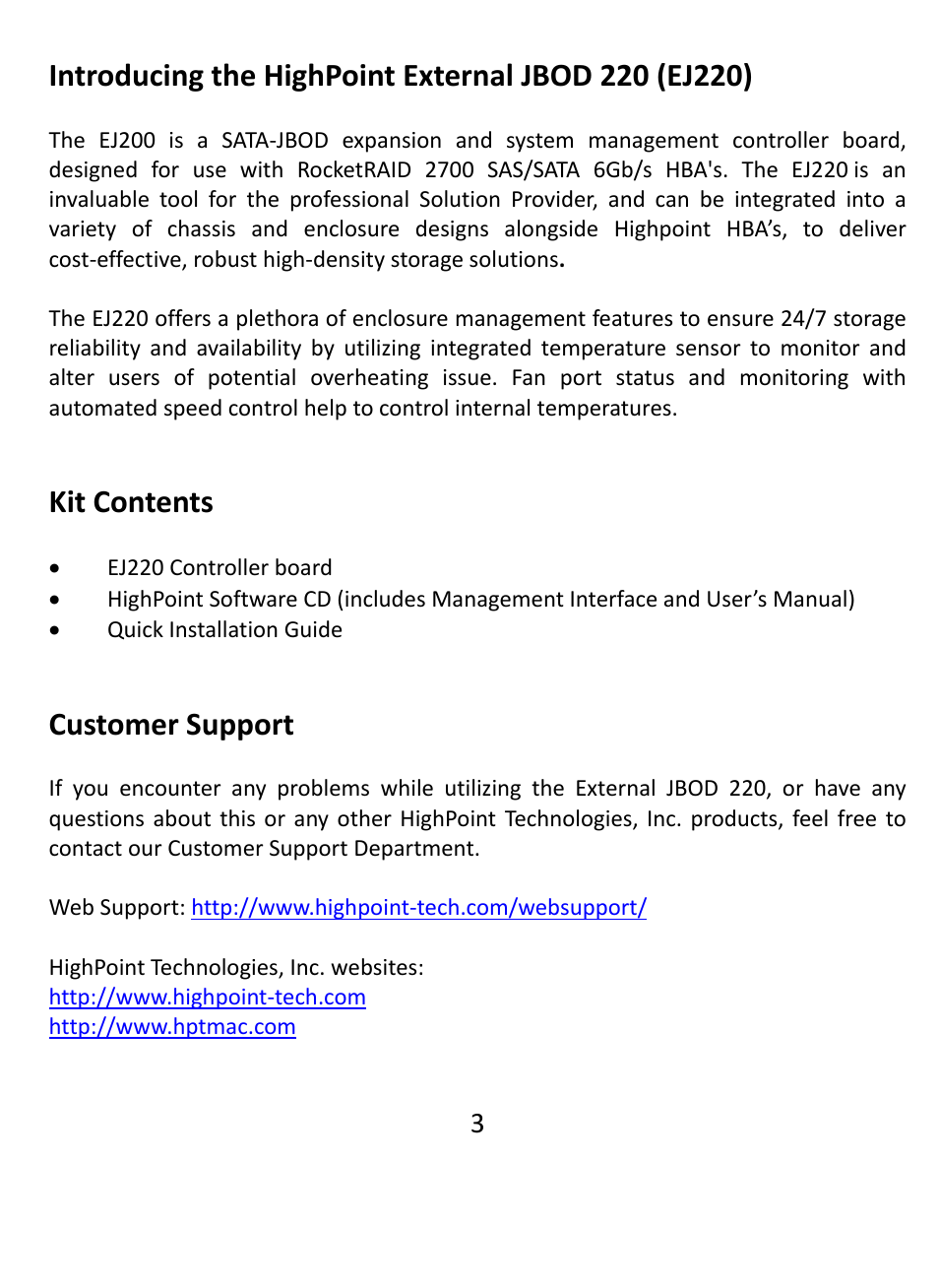 Kit contents, Customer support | HighPoint EJ 220 User Manual | Page 3 / 8