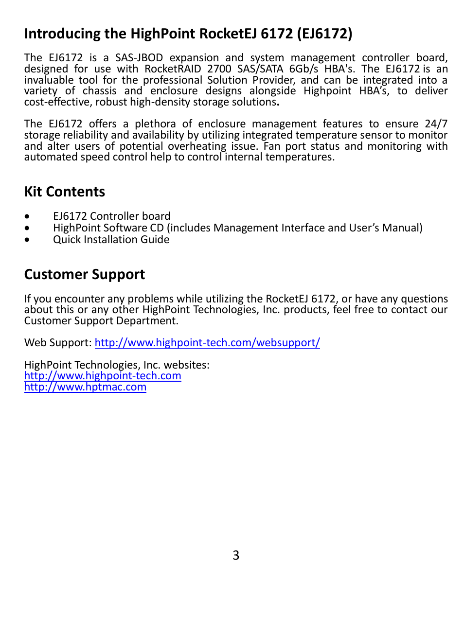 Introducing the highpoint rocketej 6172 (ej6172), Kit contents, Customer support | HighPoint EJ 6172 User Manual | Page 3 / 8