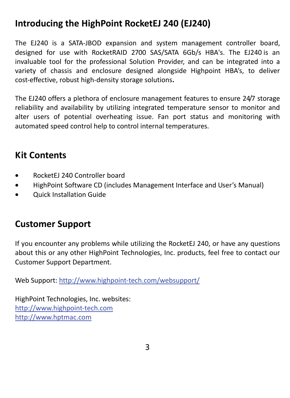 Kit contents, Customer support | HighPoint EJ 240 User Manual | Page 3 / 8