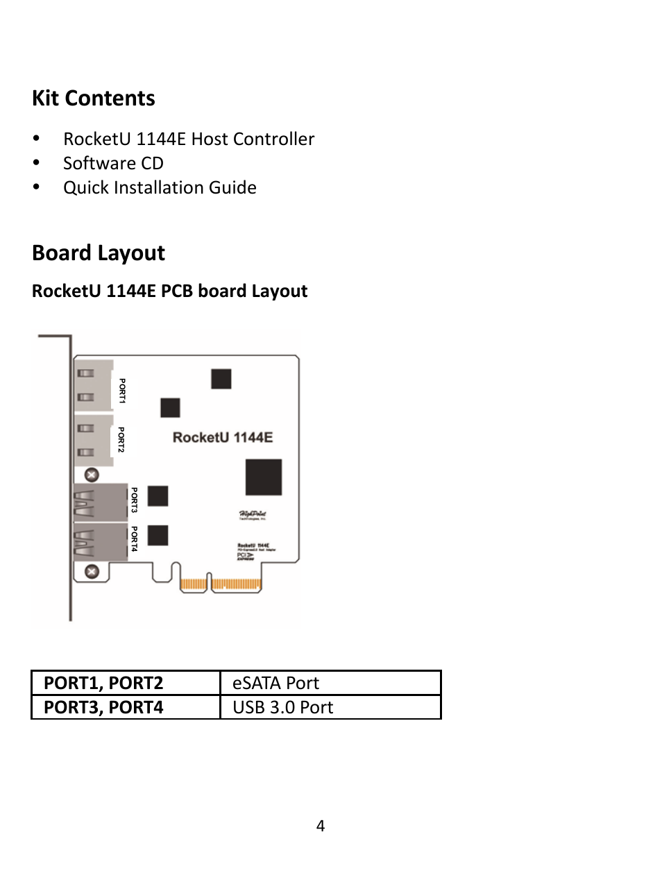 Kit contents, Board layout, Kit contents board layout | Rocketu 1144e pcb board layout | HighPoint RocketU 1144E User Manual | Page 4 / 8