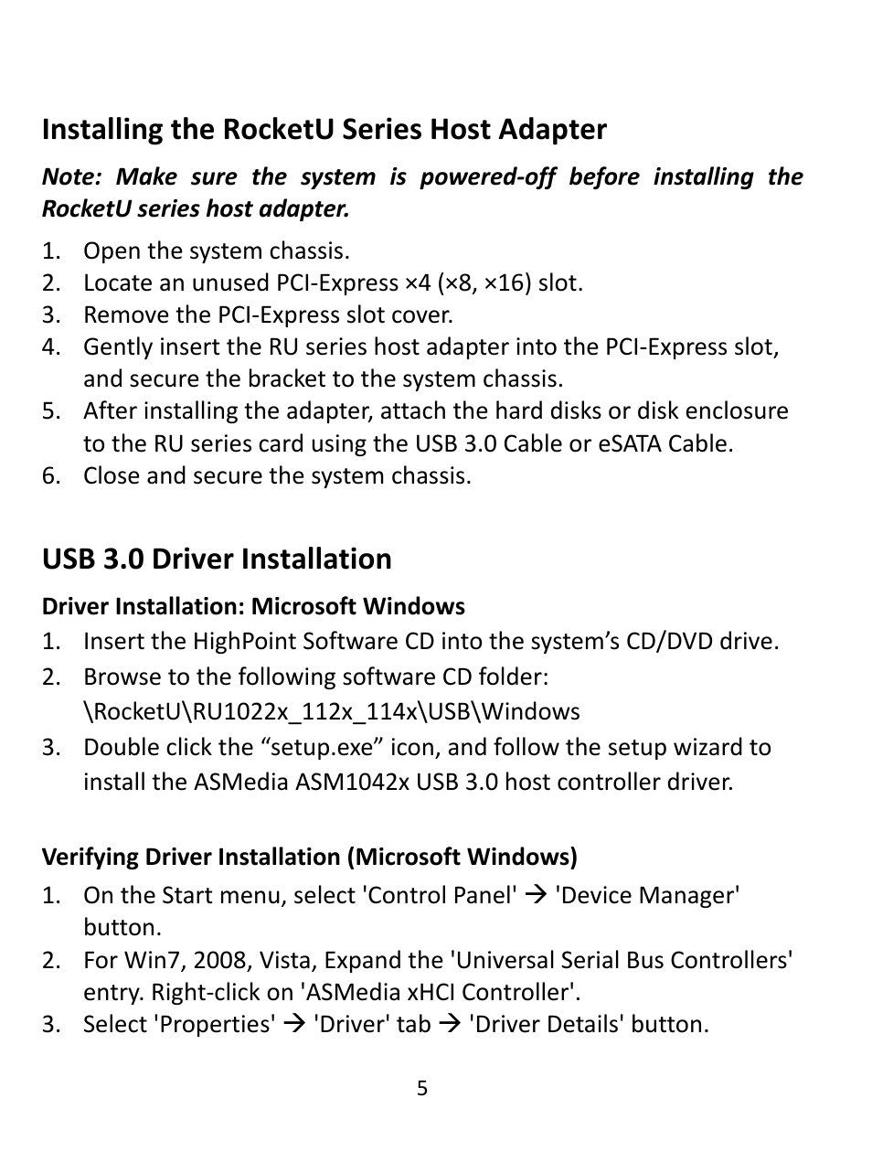 Usb 3.0 driver installation, Installing the rocketu series host adapter | HighPoint RocketU 1144E User Manual | Page 5 / 8