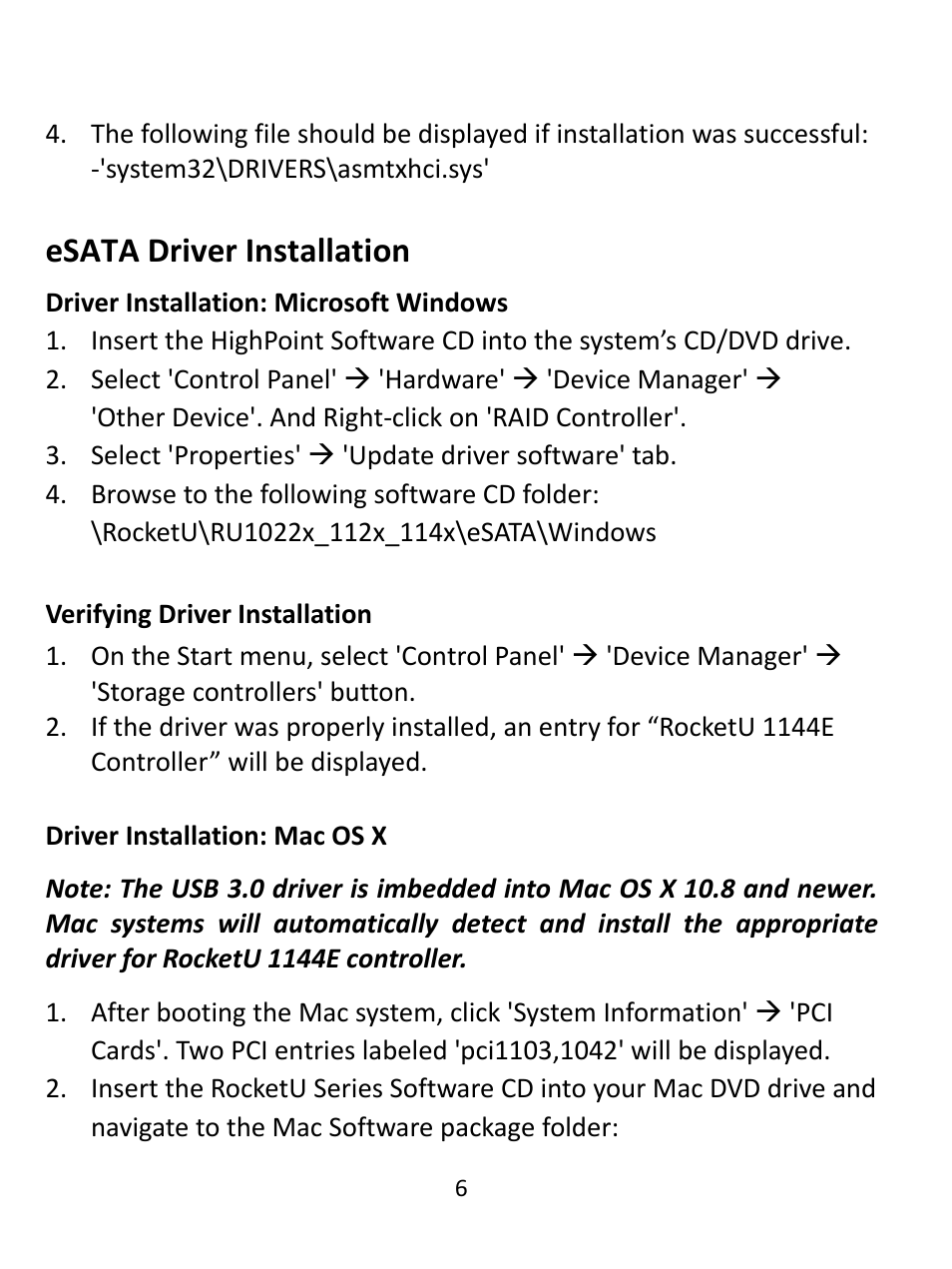 Esata driver installation | HighPoint RocketU 1144E User Manual | Page 6 / 8