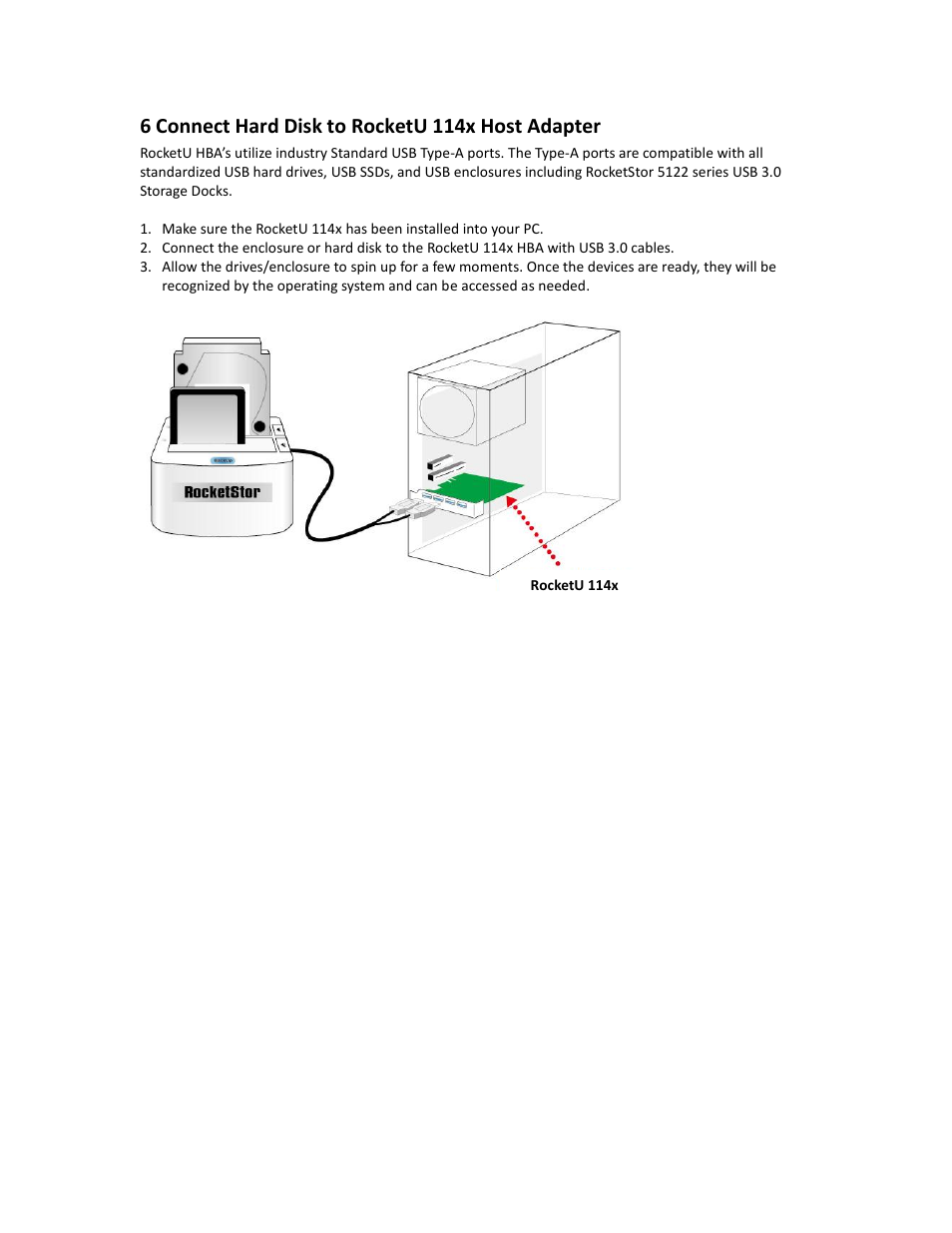 Connect hard disk to rocketu 114x host adapter, 6 connect hard disk to rocketu 114x host adapter | HighPoint RocketU 1144C User Manual | Page 17 / 20