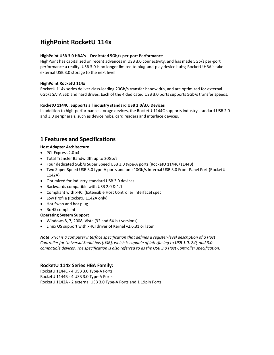 Features and specifications, 1 features and specifications, Highpoint rocketu 114x | HighPoint RocketU 1144C User Manual | Page 4 / 20