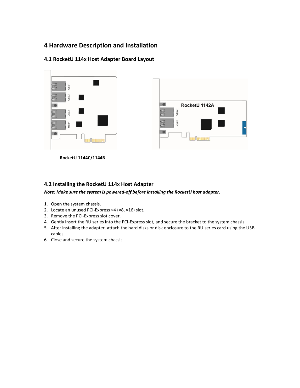 Hardware description and installation, Rocketu 114x host adapter board layout, Installing the rocketu 114x host adapter | 4 hardware description and installation, 1 rocketu 114x host adapter board layout, 2 installing the rocketu 114x host adapter | HighPoint RocketU 1144C User Manual | Page 7 / 20