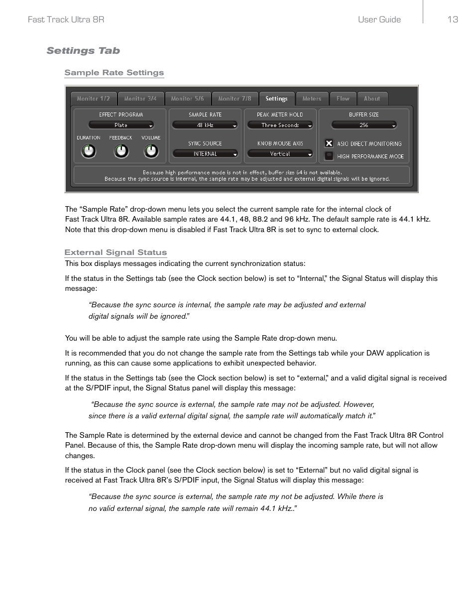 Settings tab, Sample rate settings, External signal status | Audio Pro Rack-mountable 8 x 8 USB 2.0 Interface with MX Core DSP Technology 8R User Manual | Page 14 / 25
