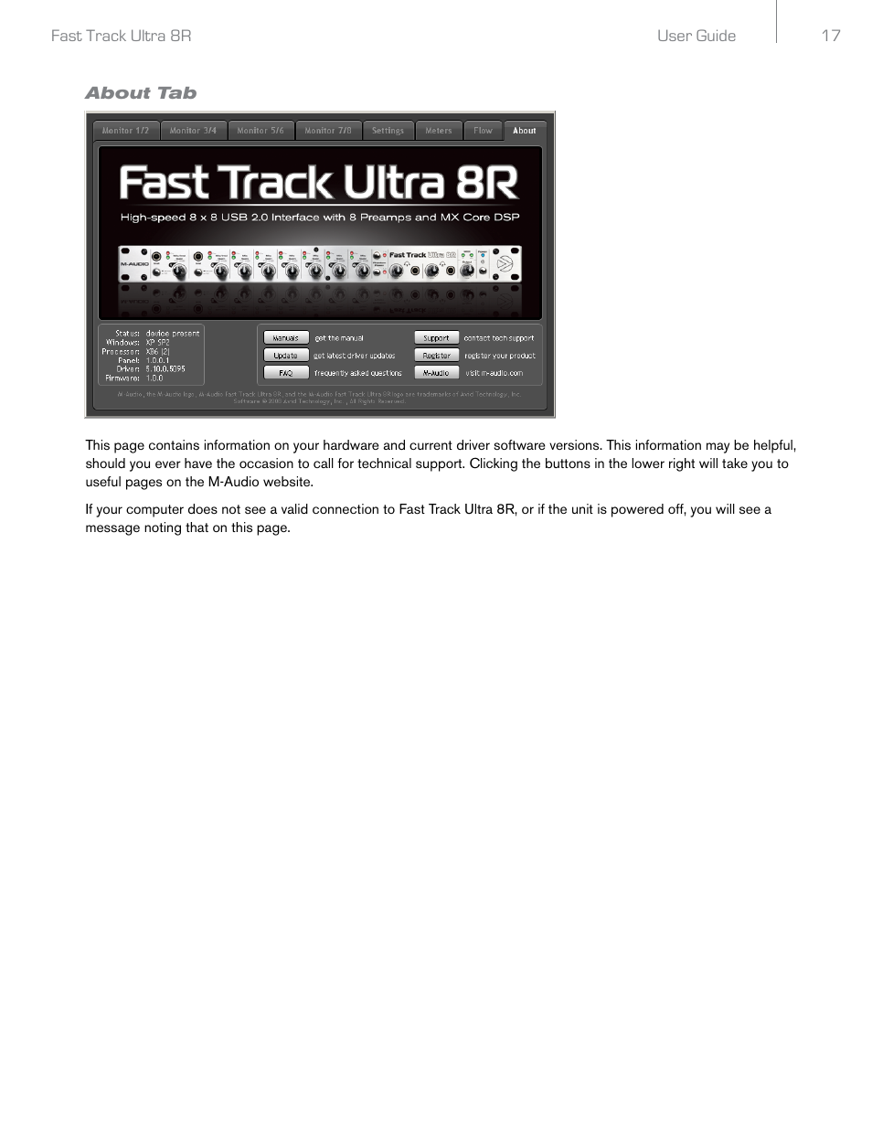 About tab | Audio Pro Rack-mountable 8 x 8 USB 2.0 Interface with MX Core DSP Technology 8R User Manual | Page 18 / 25