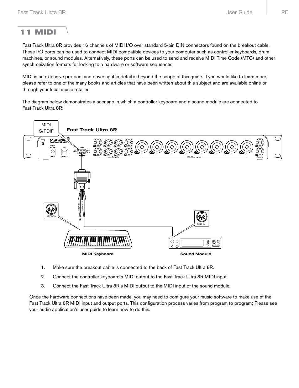 11 midi, User guide 20 fast track ultra 8r | Audio Pro Rack-mountable 8 x 8 USB 2.0 Interface with MX Core DSP Technology 8R User Manual | Page 21 / 25