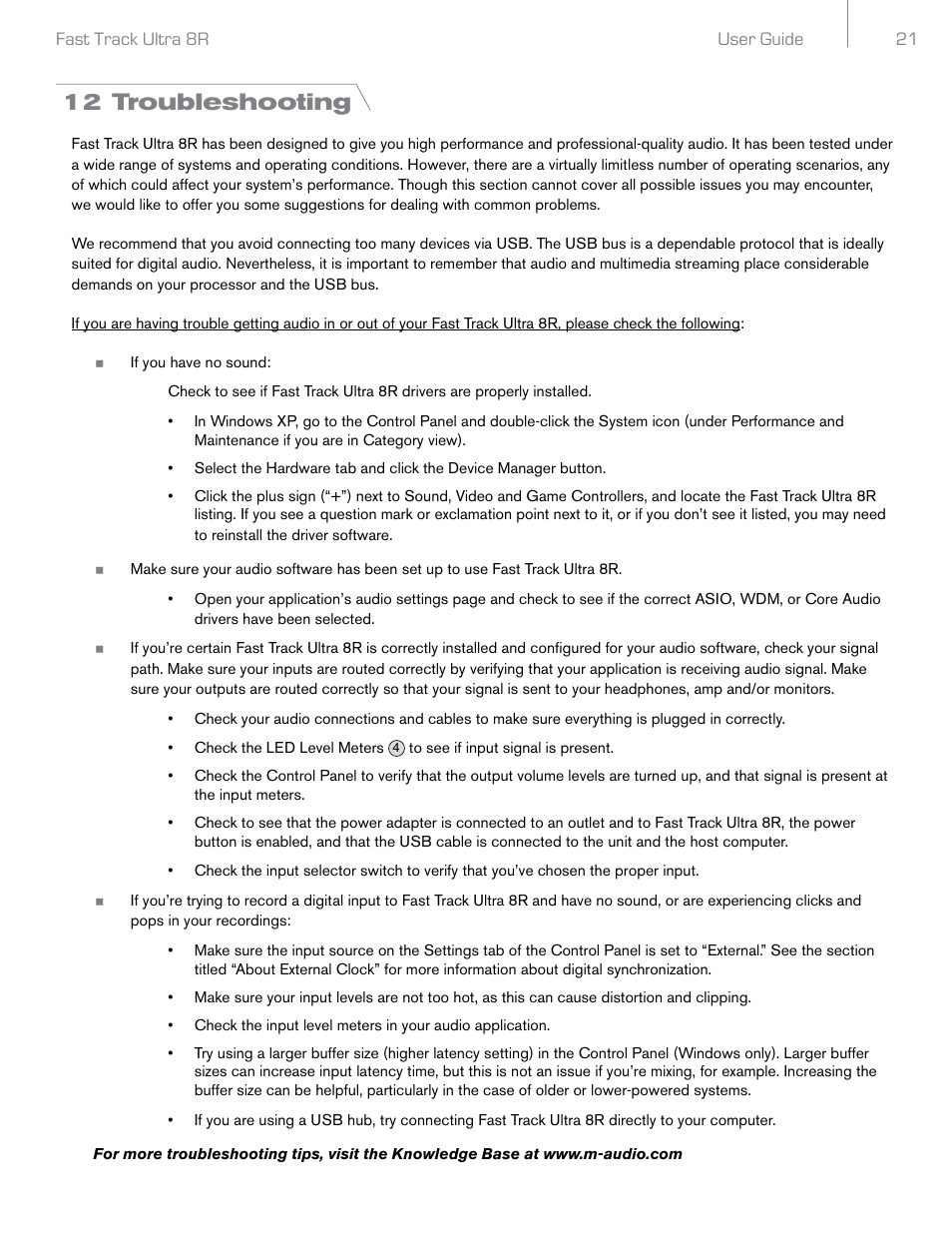 12 troubleshooting | Audio Pro Rack-mountable 8 x 8 USB 2.0 Interface with MX Core DSP Technology 8R User Manual | Page 22 / 25