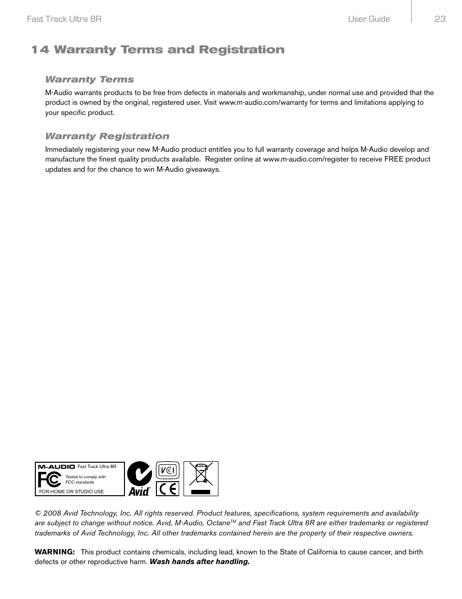 14 warranty terms and registration, Warranty terms, Warranty registration | Audio Pro Rack-mountable 8 x 8 USB 2.0 Interface with MX Core DSP Technology 8R User Manual | Page 24 / 25