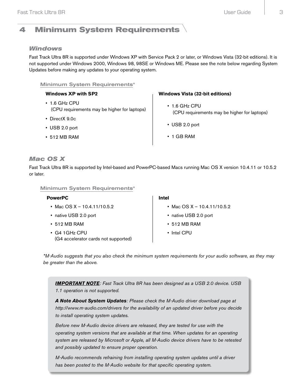 4 minimum system requirements, Windows, Minimum system requirements | Mac os x | Audio Pro Rack-mountable 8 x 8 USB 2.0 Interface with MX Core DSP Technology 8R User Manual | Page 4 / 25