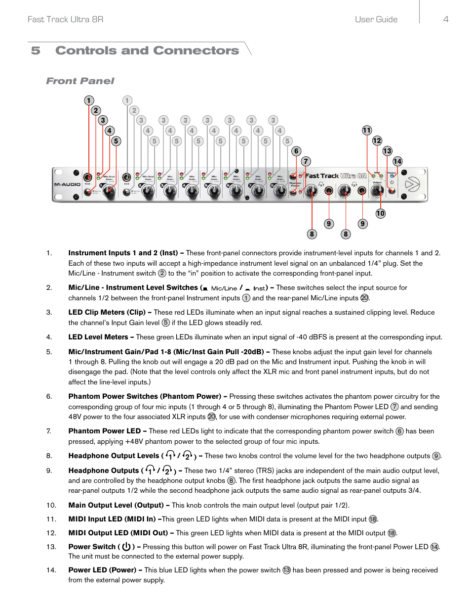 5 controls and connectors, Front panel, User guide 4 fast track ultra 8r | Audio Pro Rack-mountable 8 x 8 USB 2.0 Interface with MX Core DSP Technology 8R User Manual | Page 5 / 25