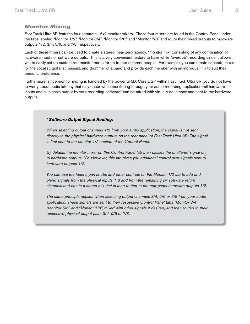 Monitor mixing | Audio Pro Rack-mountable 8 x 8 USB 2.0 Interface with MX Core DSP Technology 8R User Manual | Page 9 / 25