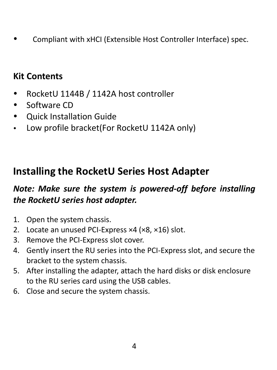 Kit contents, Installing the rocketu series host adapter | HighPoint RocketU 1144B User Manual | Page 4 / 8