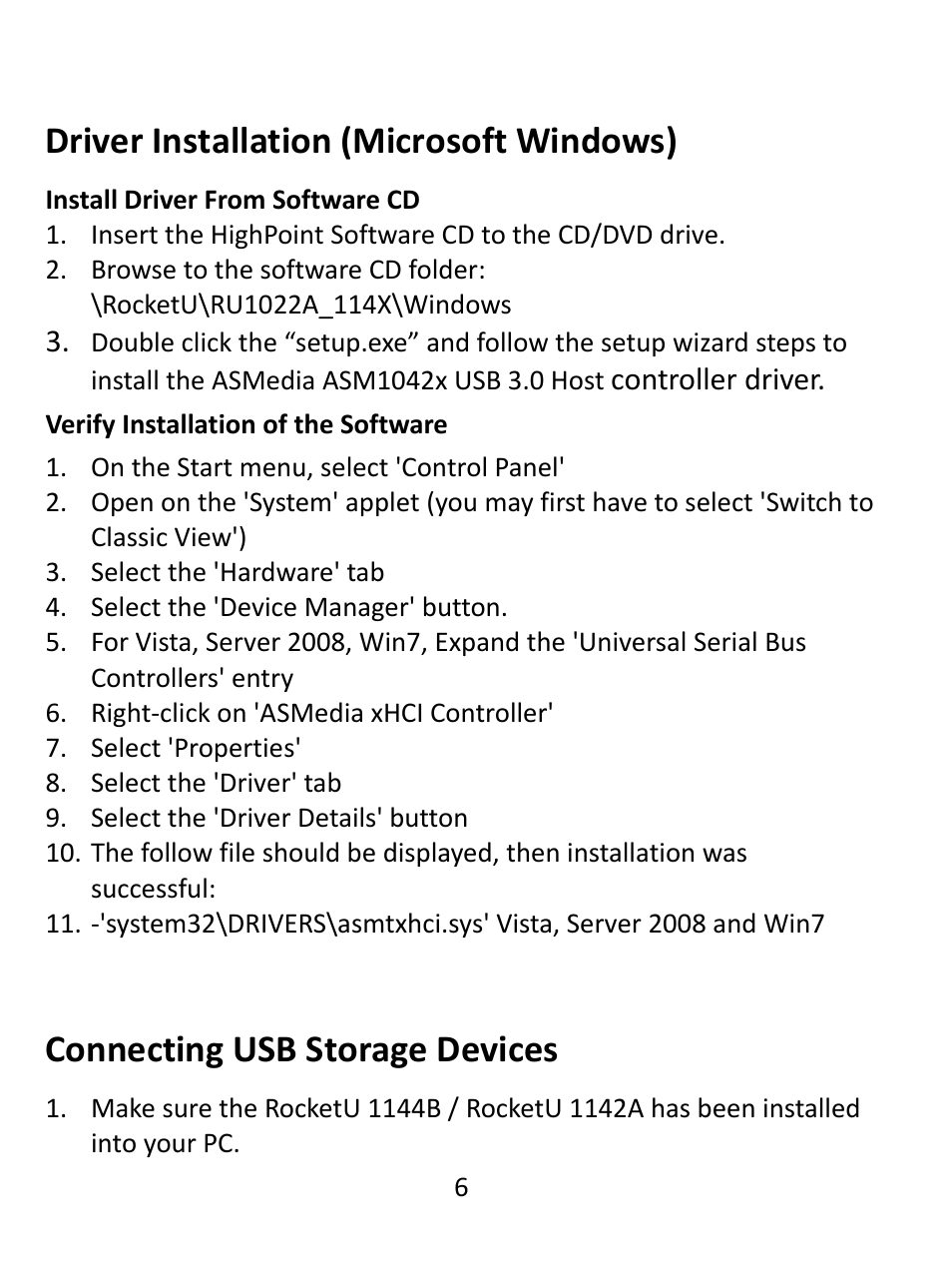 Driver installation (microsoft windows), Connecting usb storage devices | HighPoint RocketU 1144B User Manual | Page 6 / 8