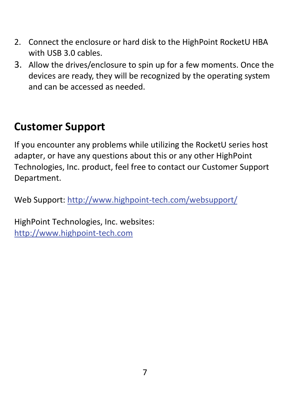 Connecting usb storage devices, Customer support, Connecting usb storage devices customer support | HighPoint RocketU 1144B User Manual | Page 7 / 8