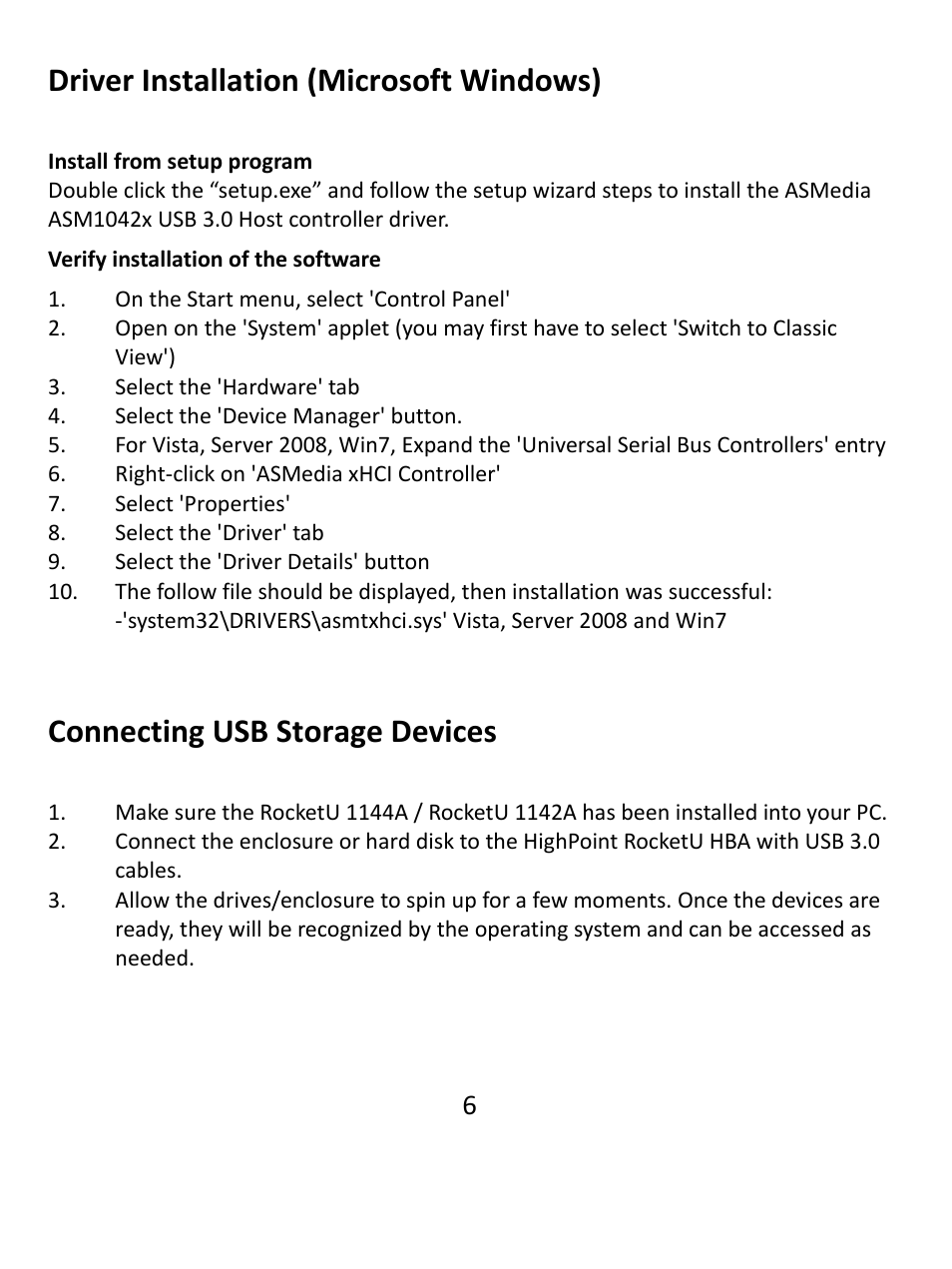 Driver installation (microsoft windows), Connecting usb storage devices | HighPoint RocketU 1142A User Manual | Page 6 / 8