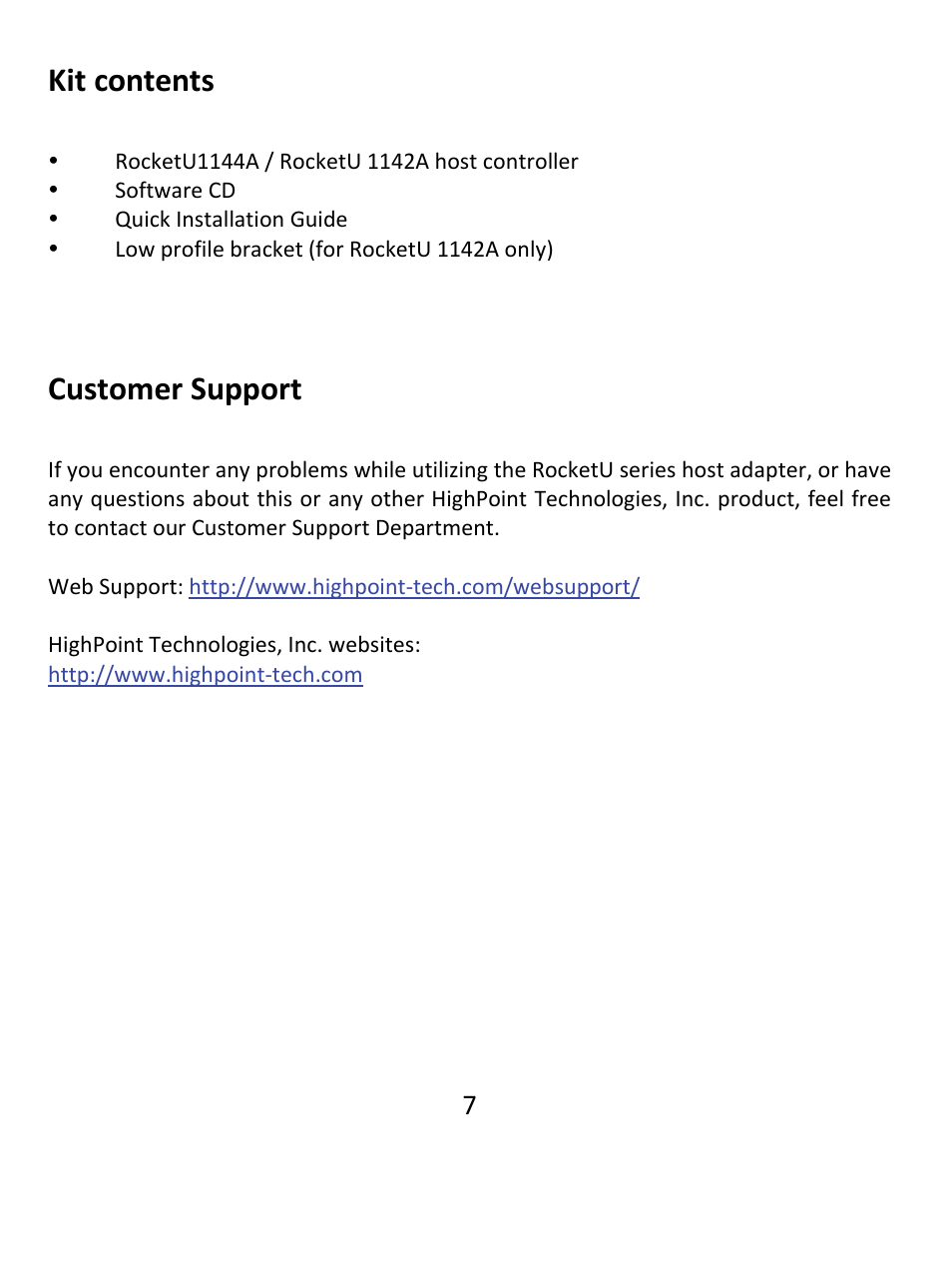 Kit contents, Customer support | HighPoint RocketU 1142A User Manual | Page 7 / 8