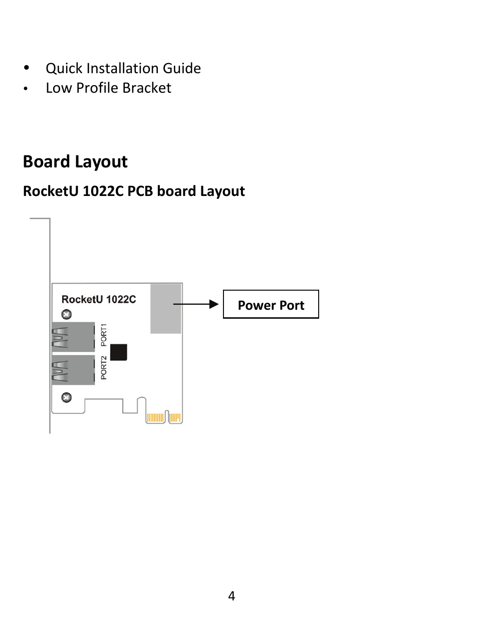 Board layout, Quick installation guide, Low profile bracket | Rocketu 1022c pcb board layout | HighPoint RocketU 1022C User Manual | Page 4 / 8