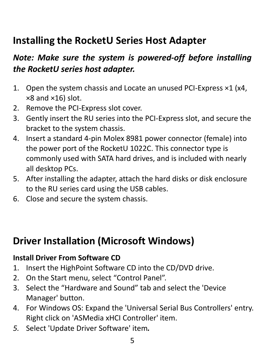 Installing the rocketu series host adapter, Driver installation (microsoft windows) | HighPoint RocketU 1022C User Manual | Page 5 / 8