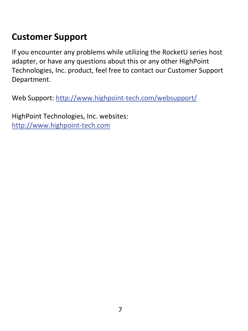 Customer support | HighPoint RocketU 1022C User Manual | Page 7 / 8