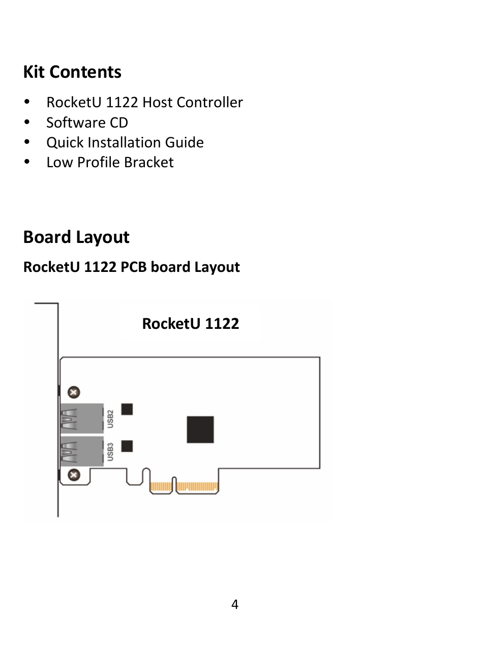 Kit contents, Board layout, Kit contents board layout | HighPoint RocketU 1122 User Manual | Page 4 / 8