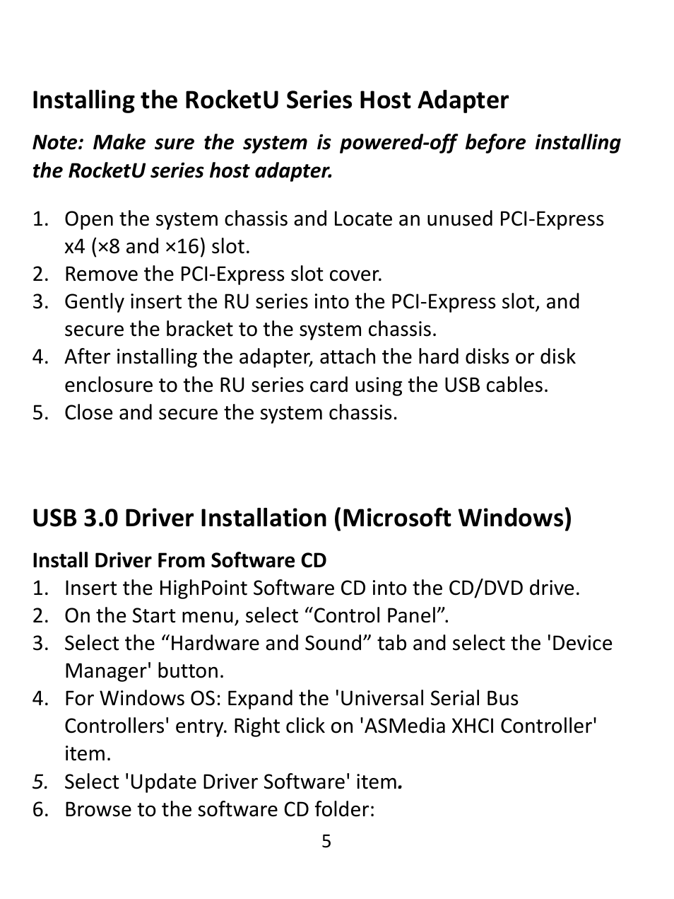 Installing the rocketu series host adapter, Usb 3.0 driver installation (microsoft windows) | HighPoint RocketU 1122 User Manual | Page 5 / 8