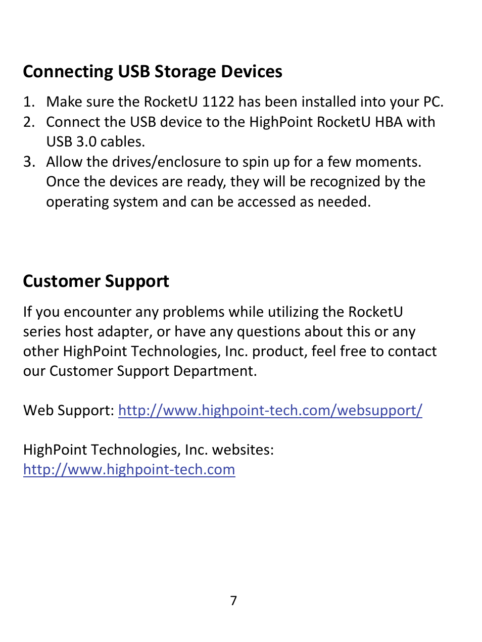 Connecting usb storage devices, Customer support, Connecting usb storage devices customer support | HighPoint RocketU 1122 User Manual | Page 7 / 8