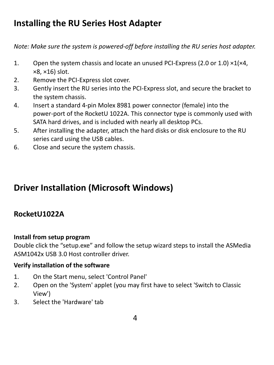 Installing the ru series host adapter, Driver installation (microsoft windows), Rocketu1022a | HighPoint RocketU 1022A User Manual | Page 4 / 8