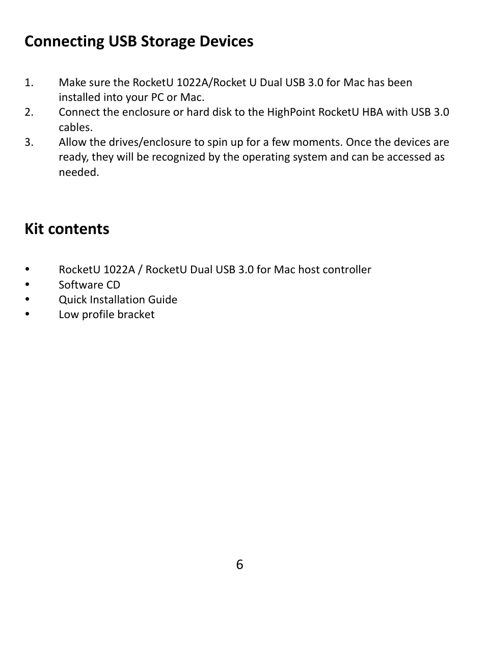 Connecting usb storage devices, Kit contents | HighPoint RocketU 1022A User Manual | Page 6 / 8