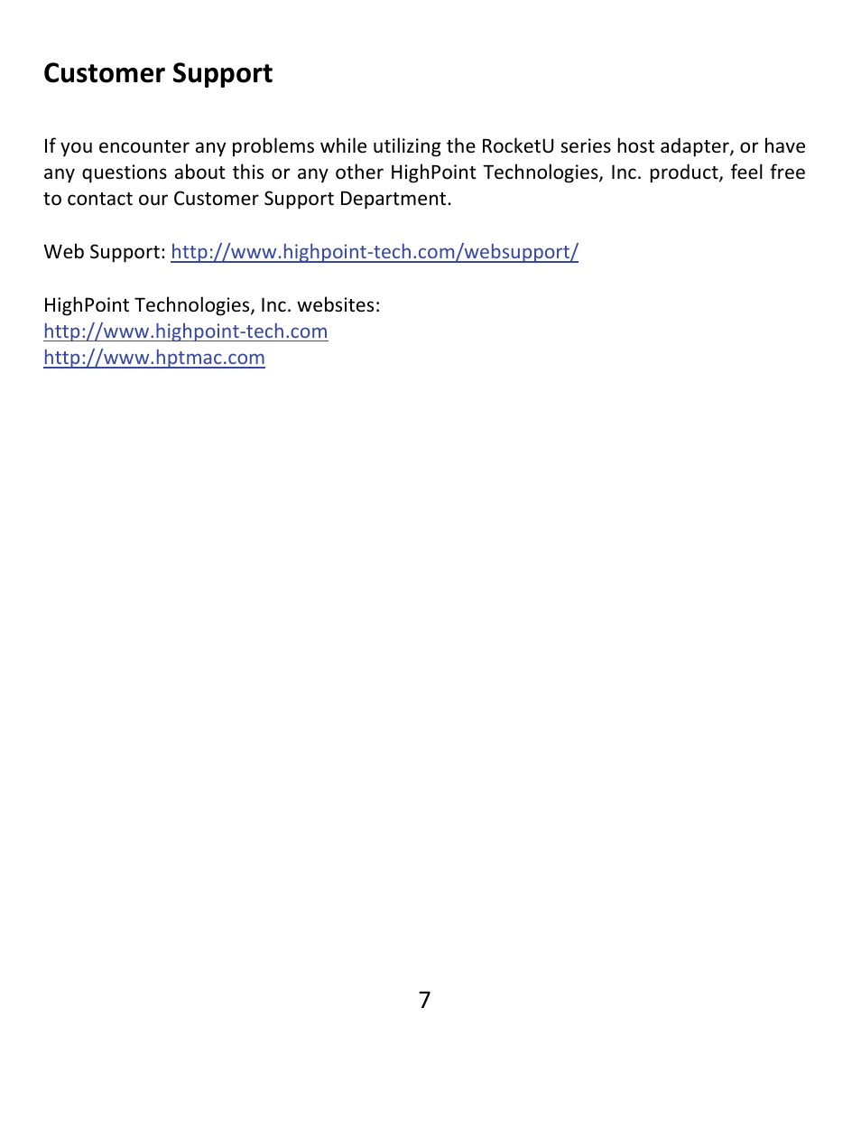 Customer support | HighPoint RocketU 1022A User Manual | Page 7 / 8