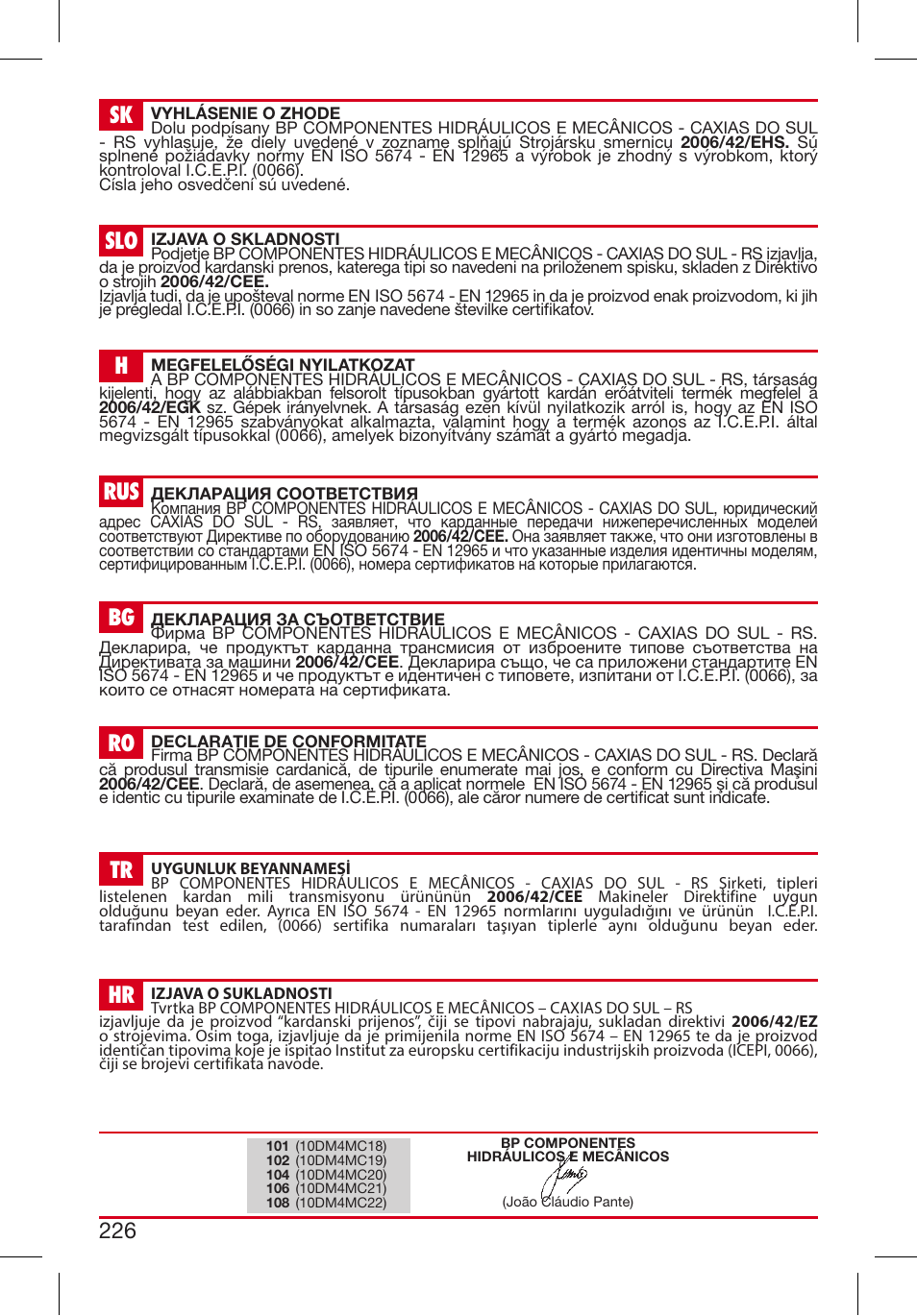 226 sk slo h rus bg ro tr hr | Bondioli&Pavesi 399CEBR13_C User Manual | Page 226 / 227