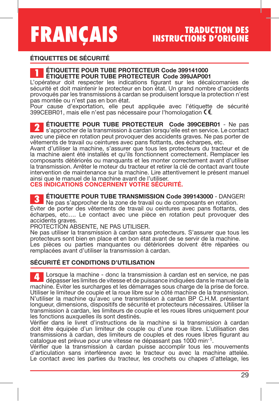 Français, Traduction des instructions d’origine | Bondioli&Pavesi 399CEBR13_C User Manual | Page 29 / 227
