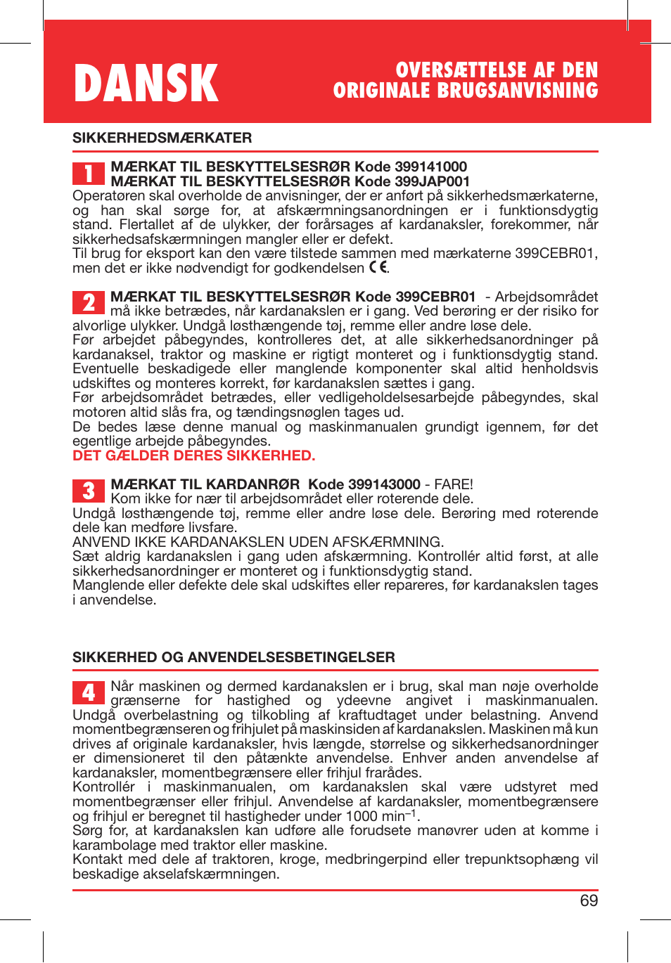 Dansk, Oversættelse af den originale brugsanvisning | Bondioli&Pavesi 399CEBR13_C User Manual | Page 69 / 227