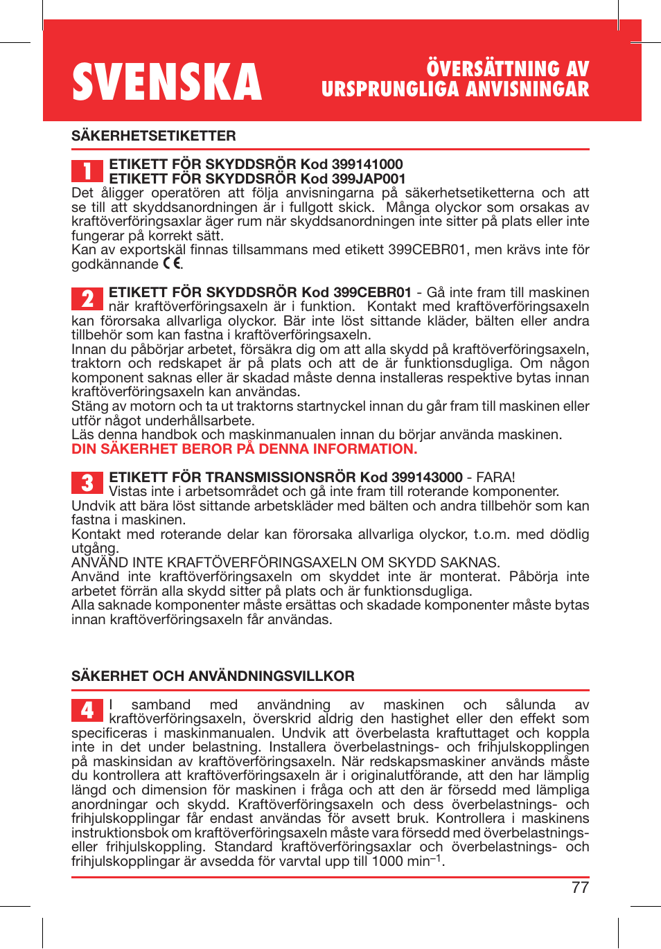 Svenska, Översättning av ursprungliga anvisningar | Bondioli&Pavesi 399CEBR13_C User Manual | Page 77 / 227