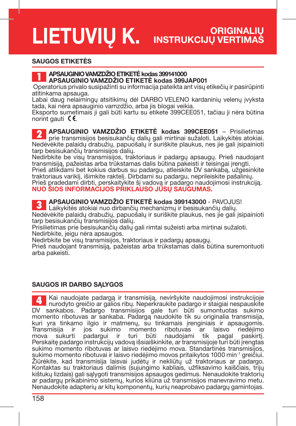 Lietuvių k, Originalių instrukcijų vertimas | Bondioli&Pavesi 399CEE010_E User Manual | Page 158 / 255